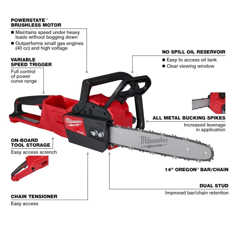 Promo ๐คฉ Milwaukee M18 FUEL 14 in. 18-Volt Lithium-Ion Brushless Cordless Electric Chainsaw & Electric Cordless Hedge Trimmer (2-Tool) ๐ - Image 4