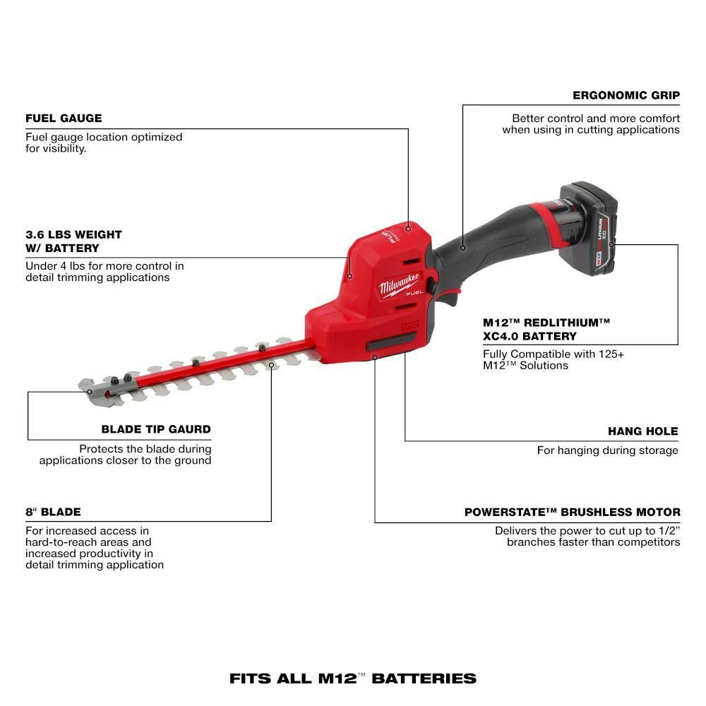 Discount π€© Milwaukee M12 FUEL 8 in. 12V Lithium-Ion Brushless Cordless Hedge Trimmer Kit with M18 FUEL 24 in. Hedge Trimmer (2-Tool) π - Image 2
