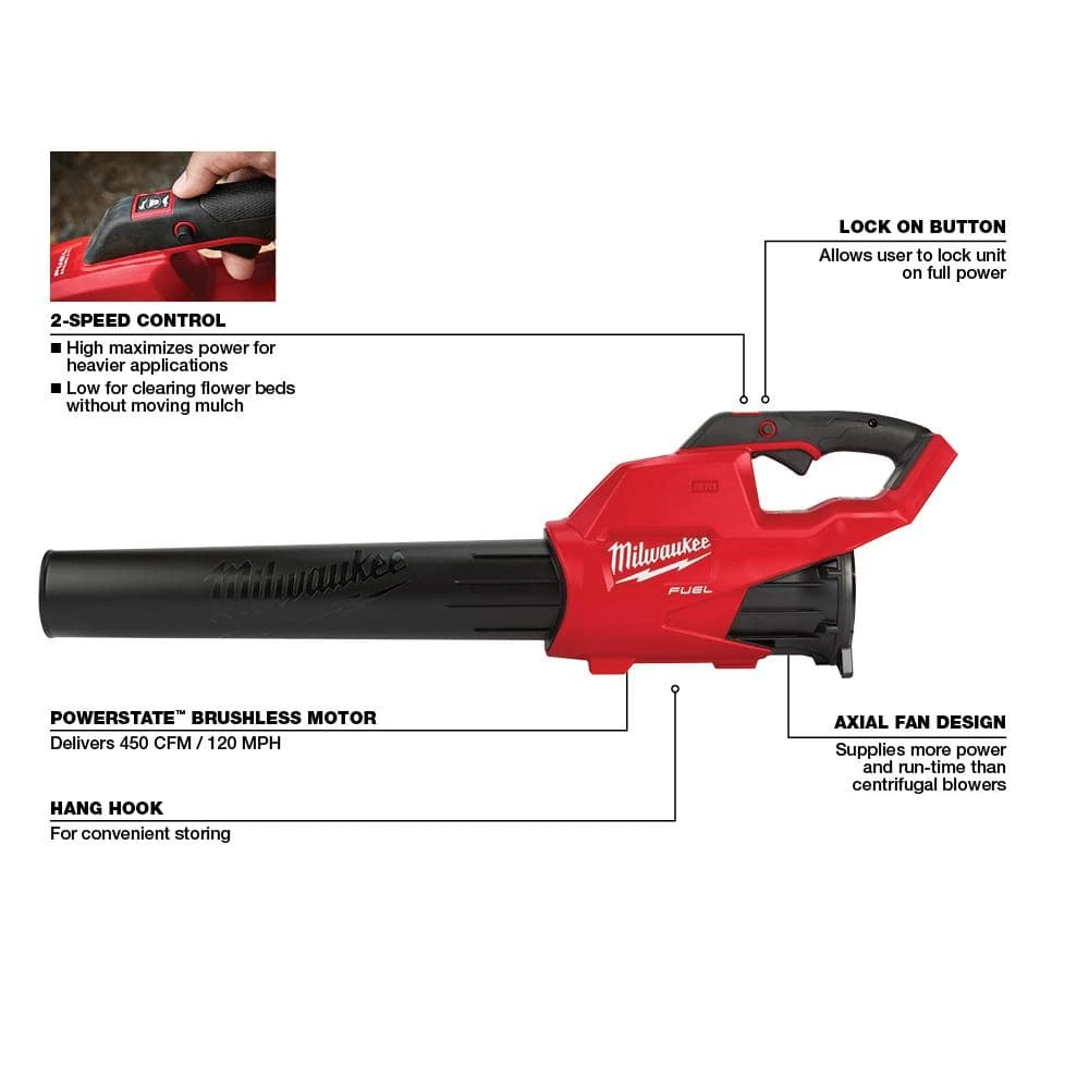 Flash Sale π Milwaukee M18 FUEL 120 MPH 450 CFM 18V Brushless Cordless Handheld Blower w/Two 5Ah Batteries, Charger, String Trimmer 𧨠- Image 2