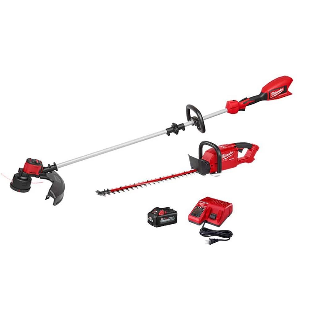 New π Milwaukee M18 18V Lithium-Ion Brushless Cordless String Trimmer, 6.0 Ah Battery, Charger and M18 FUEL Hedge Trimmer Combo Kit π