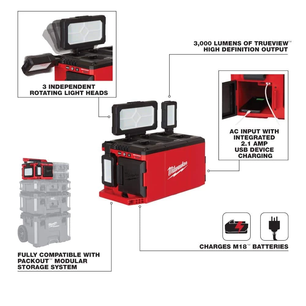 Best Sale ๐ Milwaukee M18 18-Volt Lithium-Ion Cordless PACKOUT 3000 Lumens LED Light with Built-In Charger with (1) 5.0 Ah Battery ๐ - Image 2