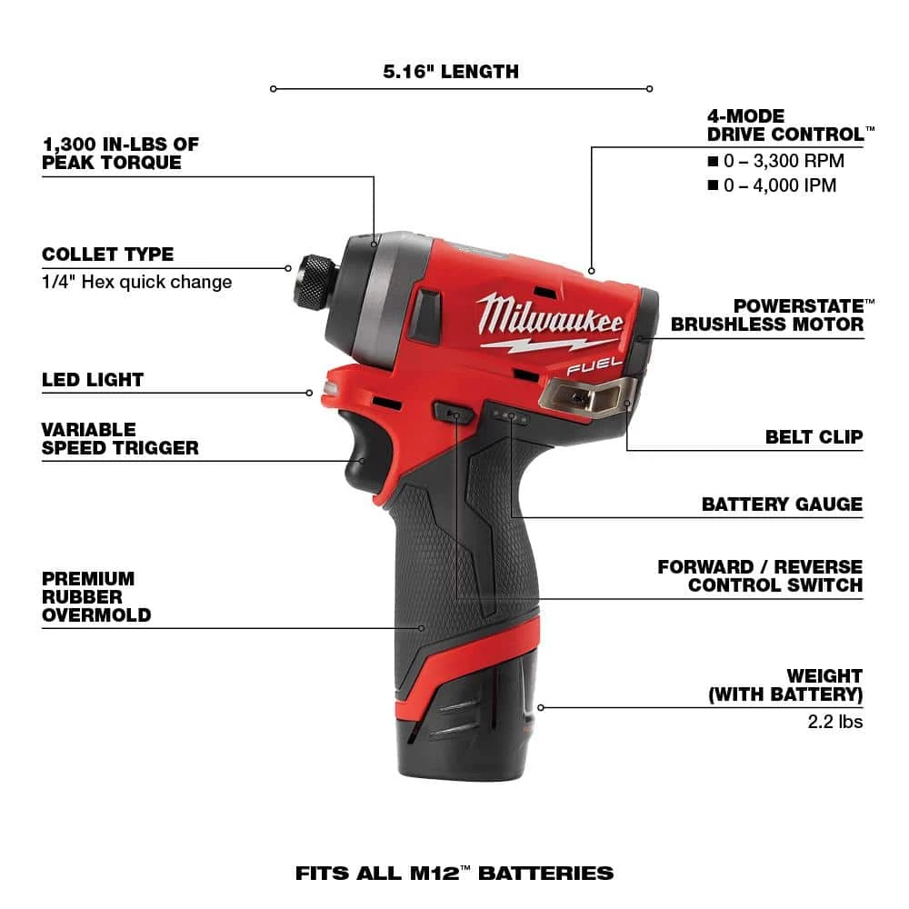 Best Sale π₯ Milwaukee M12 FUEL 12-Volt Lithium-Ion Brushless Cordless 1/4 in. Hex Impact Driver Kit W/ M12 6.0Ah Battery β¨ - Image 3