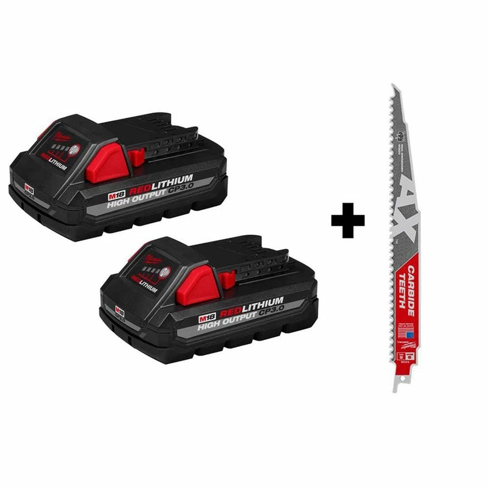 Discount π Milwaukee M18 18-Volt Lithium-Ion HIGH OUTPUT CP 3.0 Ah Battery Pack (2-Pack) w/9 in. 5 TPI AX Carbide Reciprocating Saw Blade β