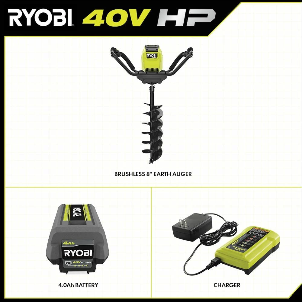 Outlet π― RYOBI 40V HP Brushless Cordless Earth Auger with 8 in. Bit with 4.0 Ah Battery and Charger β - Image 3