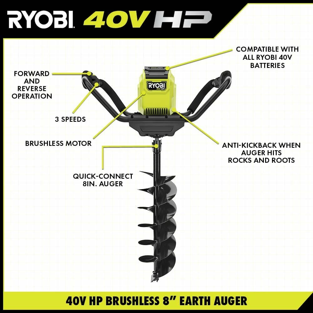 Outlet π― RYOBI 40V HP Brushless Cordless Earth Auger with 8 in. Bit with 4.0 Ah Battery and Charger β - Image 4