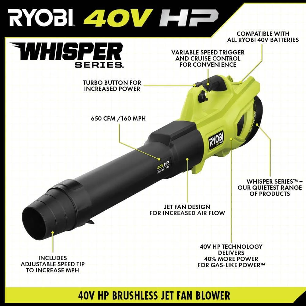 New π₯ RYOBI 40V HP Brushless Whisper Series 160 MPH 650 CFM Cordless Battery Leaf Blower with 6.0 Ah Battery and Charger β - Image 4
