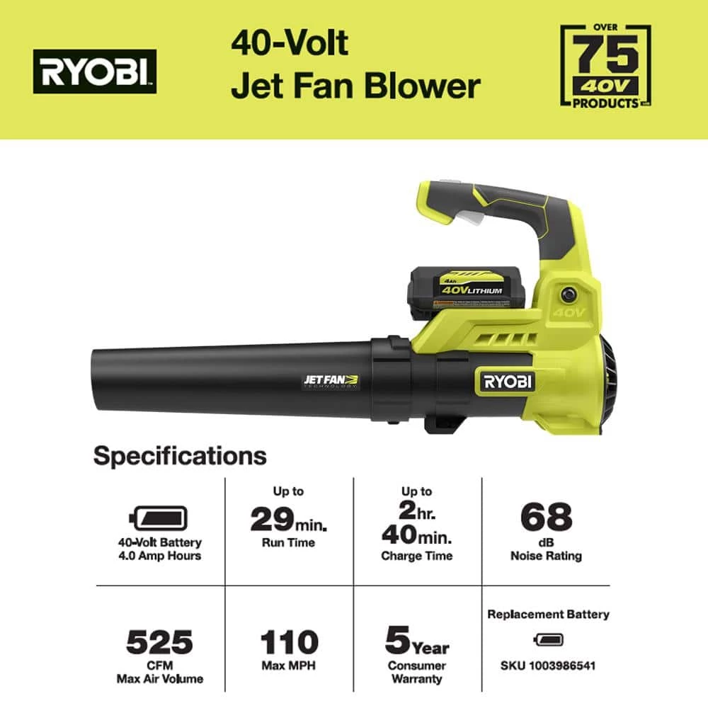 Top 10 ๐ RYOBI 40V 110 MPH 525 CFM Cordless Battery Variable-Speed Jet Fan Leaf Blower with 4.0 Ah Battery and Charger ๐ - Image 5