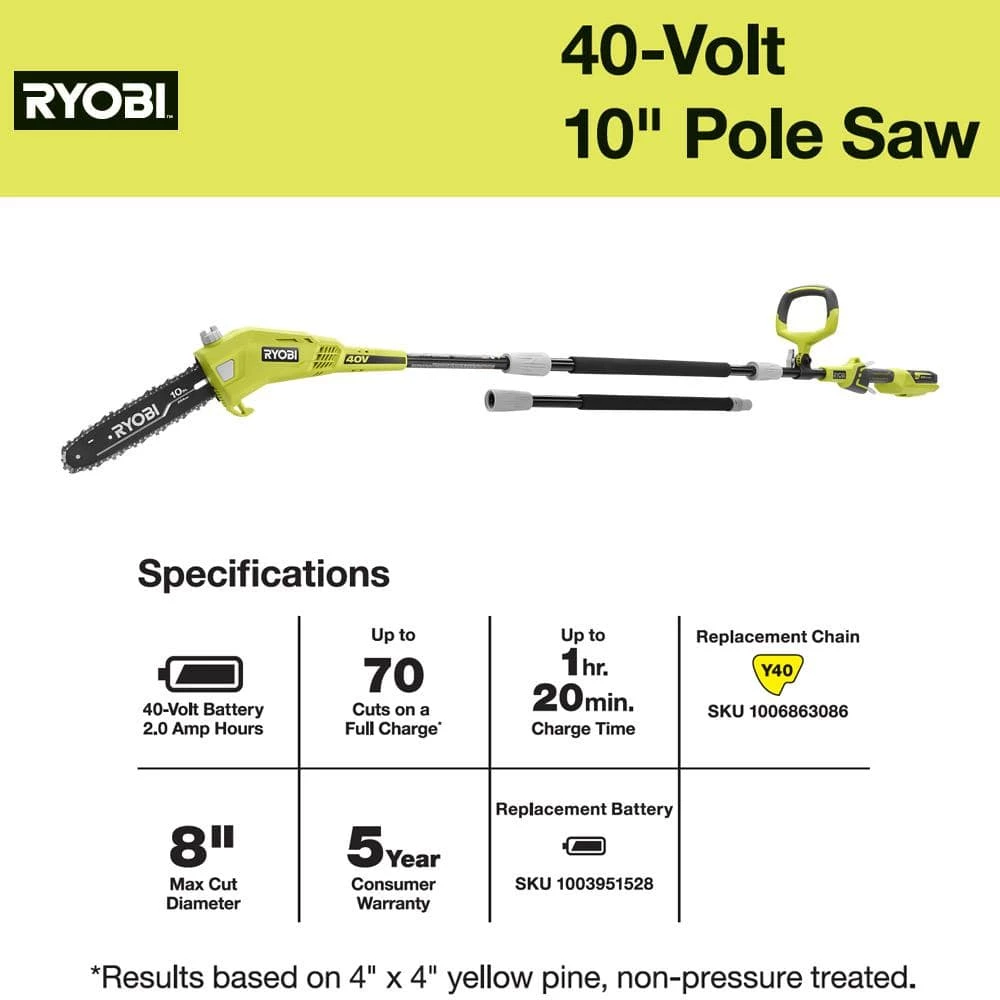 New โค๏ธ RYOBI 40V 10 in. Cordless Battery Pole Saw with 2.0 Ah Battery and Charger ๐ - Image 13