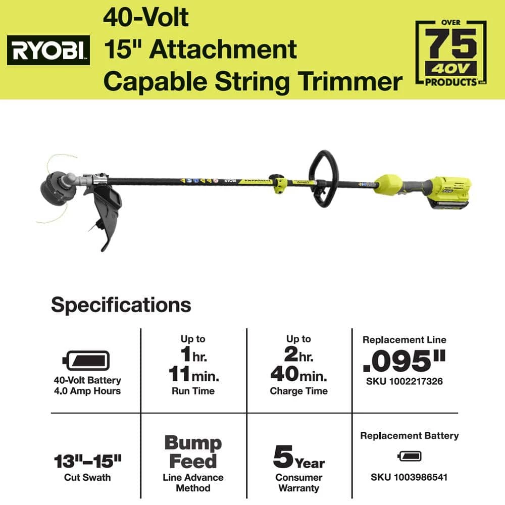 Flash Sale ๐ RYOBI 40V Expand-It Cordless Battery Attachment Capable String Trimmer with 4.0 Ah Battery and Charger ๐ฅฐ - Image 12