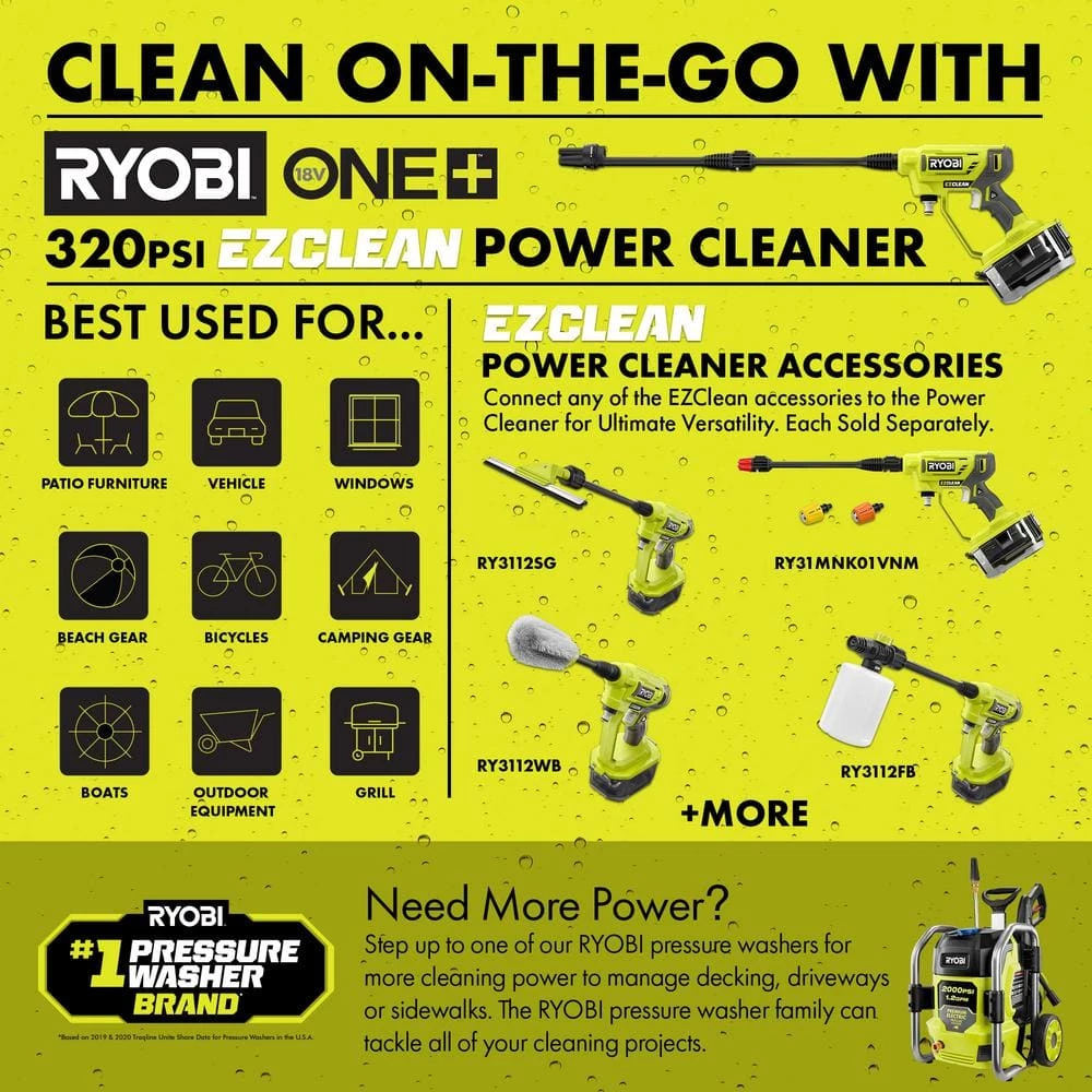 Promo 🔥 RYOBI ONE+ 18V EZClean 320 PSI 0.8 GPM Cordless Cold Water Power Cleaner (Tool Only) 👏 - Image 9