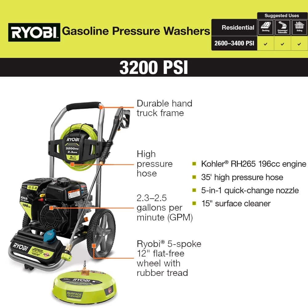 Best Pirce π RYOBI 3200 PSI 2.3 GPM Cold Water 196cc Kohler Gas Pressure Washer and 15 in. Surface Cleaner π - Image 12