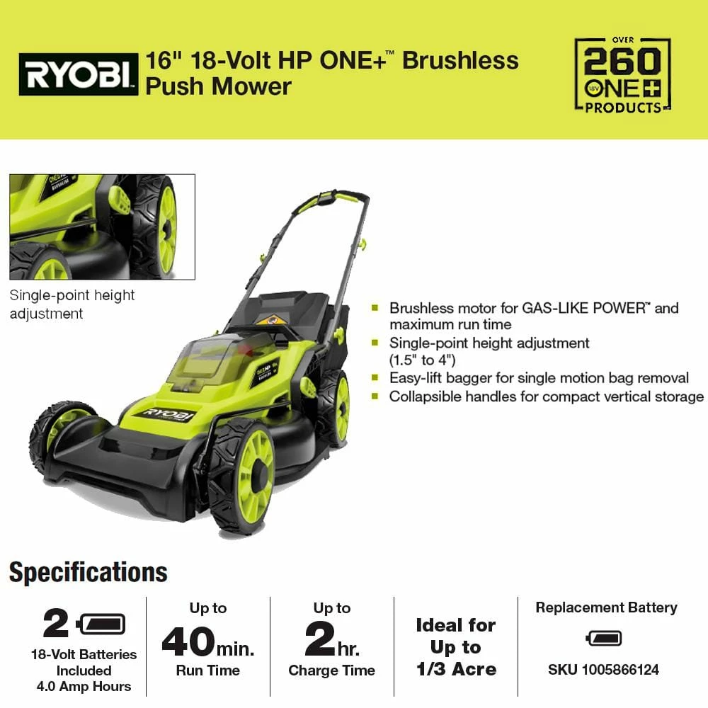 Buy β RYOBI ONE+ HP 18V Brushless 16 in. Cordless Battery Walk Behind Push Lawn Mower with (2) 4.0 Ah Batteries and (1) Charger π - Image 8