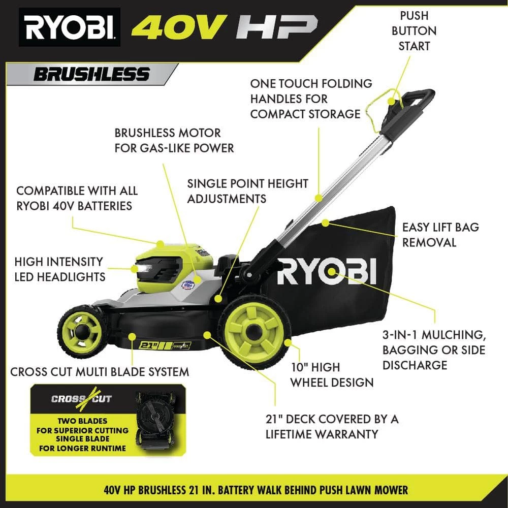 Best Sale β€οΈ RYOBI 40V HP Brushless 21 in. Battery Walk Behind Push Lawn Mower with 7.5 Ah Battery and Rapid Charger π - Image 4